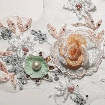 10PCS de Alto luxo de Rendas Tecido 3D de Flores de Miçangas redondas pérolas Bordado Vestido de Noiva Apliques Costurar Malha Patch Para o Vestido de DIY Decoração