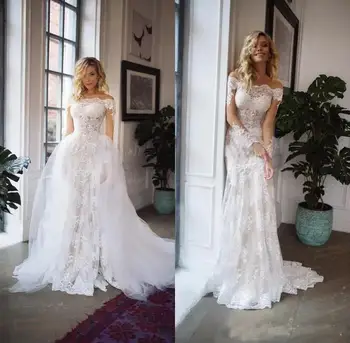 2019 Destacável Trem Vestidos de Casamento do Laço da Sereia Fora do Ombro Manga Longa Plus Size Boho Vestidos de Noiva vestidos de noiva