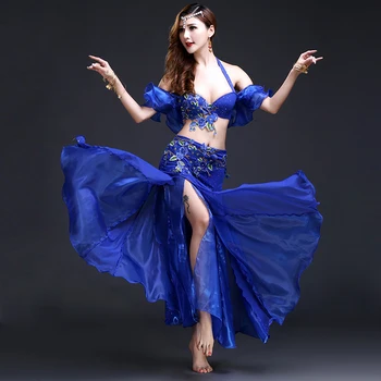 2019 Novas Mulheres Orientais Dança Do Ventre Roupas Frisado Sutiã B Da Taça Saia Longa Egito A Dança Do Ventre Traje Conjunto De Sutiã Correia Saia