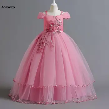 2023 Europeu e Americano crianças vestido de princesa vestido de um ombro-menina desempenho do vestido longo pomposo vestido