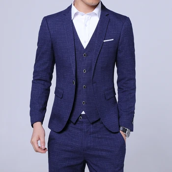 2023 Moda de Nova empresa, masculina Casual Boutique de Negócios Xadrez Slim Fit Noivo do Casamento Formal Terno Vestido de Blazers, Calças Colete Calças