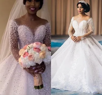 2023 Plus Size Arábia Árabe De Luxo Noiva Vestido De Noiva Pérolas Cristais De Rendas Vestidos De Noiva Ilusão De Pescoço Robe De Mariage