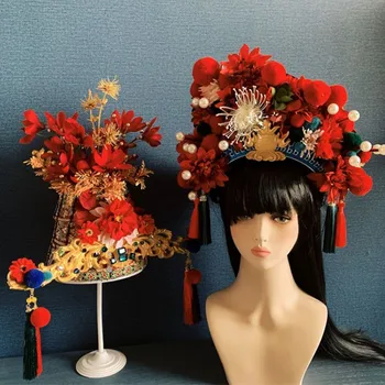 a china opera headwear adultos exagerada chapéus para a noiva e o noivo fotografia cocar de teatro cosplay do carnaval, rei e rainha hat
