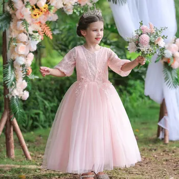 A moda de Vestidos da Menina de Flor para Casamentos de Verão, as Crianças de Dama de honra Vestido de Renda com mangas Curtas Meninas Vestidos de Festa 5-14 Anos