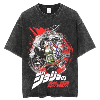 Anime Jojo's Bizarre Adventure Vintage Lavado Camisetas jojo T-Shirt Harajuku Oversize camiseta de Algodão de moda Streetwear
