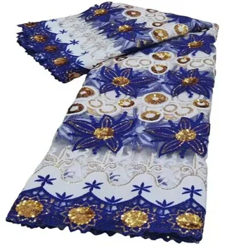 Azul/Branco/Ouro Macio Francesa, Tule Africana Tecido Do Laço De 5 Jardas De Alta Qualidade Suíça Bordado Frisado Nigeriano Vestido De Casamento Do Laço