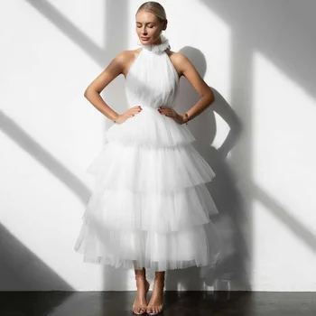 Baratos Branco Vestido de Noiva Curto 2021 Vestido de Noiva Curto de Alta Pescoço Vestido de Noiva de Tule Bolo Saia em Camadas de Vestidos de Noiva Midi