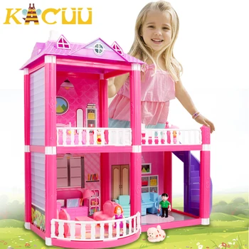 Bebê DIY casa de bonecas Brinquedos cor-de-Rosa Montar Princesa Villa Construção Artesanal de Casa Móveis em Miniatura Casa de bonecas Para as Crianças de Presente