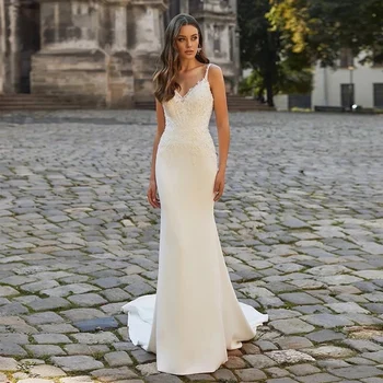 Bela Capa Simples De Vestido Branco De Casamento Para A Noiva Fina Cintas De Espaguete Decote Em V Vestidos De Noiva Formal Vestidos De Festa De Noivado