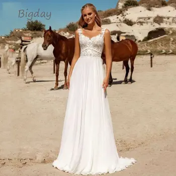 Boêmio Querida Vestidos De Casamento De Mulheres De Renda Branca Costas Abertas Chiffon Vestidos De Noiva Applique Com Alças Finas, Vestidos De Noiva