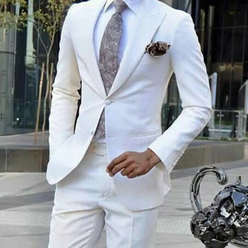 Branco de Casamento Smoking para Noivos Pico de Lapela Slim Fit Homens Ternos de Design de Moda de uso de Negócio 2 Peças Jaqueta com Calças de 2023