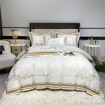 Conjunto de cama de Luxo Superior de Ouro Real Bordados de Cama Consolador Conjuntos de Capa de Edredão de Cama de Lençóis e Fronhas de Seda Verão Cama Conjunto