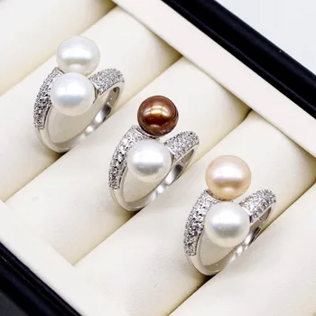 Duplo Pearl Anéis Rodada Natural Pérolas de água Doce de Anéis de Prata Multicolor Pérolas de Zircônia Anéis Ajustáveis Mulheres Anéis
