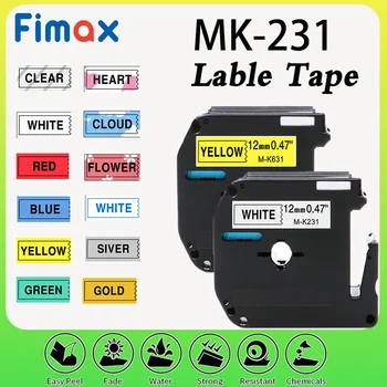 Fimax M-K231 MK131 12mm Etiqueta de Fita Compatível Brother P-touch Tipo M M-K431 MK-221 MK531 731 Impressora de etiquetas Padrão de Fita