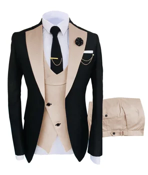 Formal de Negócios de Moda 3 Peças Mens Naipe Sólido Smoking Jacket Azul Marrom Bege para o Casamento do Noivo(Blazer+Colete+Calça)