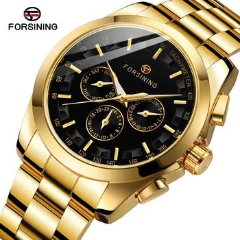 Forsining 625G Reloj Para Hombre Multifuncional Mostrador Mecânico Automático do Relógio de Aço Mens Tira Ouro do sexo Masculino Relógios de Luxo