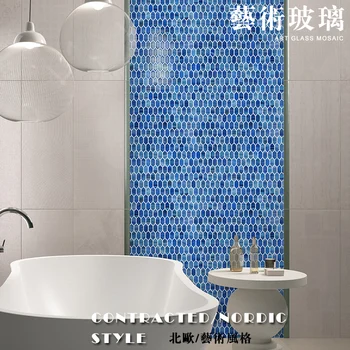 Foshan Fábrica Distribuidor Preço Backsplash Cozinha Casa De Banho Da Parede Hexagonal Azul De Mosaico De Vidro Telhas Da Parede