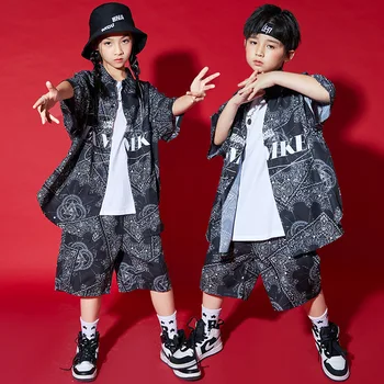Garoto de Hip Hop Roupas Pretas Geometria de dimensões Harajuku Camisa Topo de Streetwear Verão Calções para Menina, Menino de Dança, Traje de Roupas