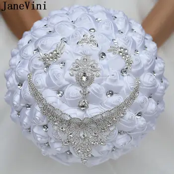 JaneVini 30CM Grandes Flores do Casamento de Noiva, Buquês de Rosas Brancas Noivas Luxo Strass Cristal Grande Envolvimento Casar com Buquê