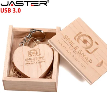 JASTER 64GB de madeira da forma do coração usb3.0 + caixa de embalagem unidade flash USB pendrive 4GB 16GB 32GB fotografia presente LOGO personalizável