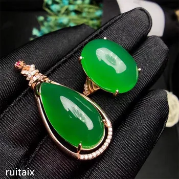 KJJEAXCMY boutique de jóias 925 Pura incrustação de prata natural, verde jade medula anel + pingente + conjunto de micro-embutimento do diamante deusa