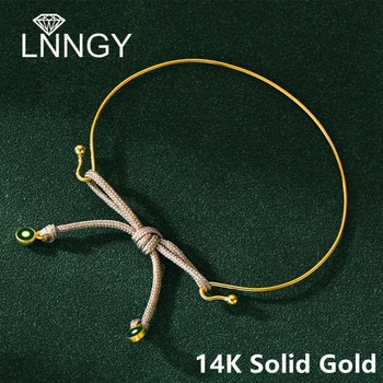 Lnngy Certificada 14K Ouro Puro braçadeira Ajustável Bracelete para Mulheres Retro Esmalte Sorte, Mau-olhado Pulseiras de Praia no Verão Jóias