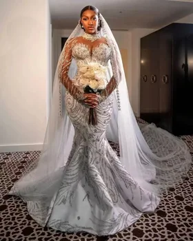 Luxo Africano Vestido De Noiva De Alta Ilusão De Pescoço Esferas De Lantejoulas Mangas Sereia Vestidos De Noiva Árabe Customed Vestidos De Noiva