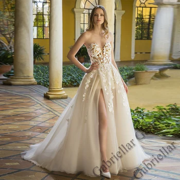Luxo Fenda Do Vestido De Casamento Da Princesa Botões Apliques Requintados Strapless Mangas Até Esfregar O Vestido Vestido De Noiva 2022 Mulheres