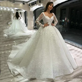 Luxo Vestidos de Noiva de Renda com Mangas Longas 2023 robe de mariage Frisado Appliqued Bola Vestido de Noiva, Vestidos de Arabian vestido de noiva