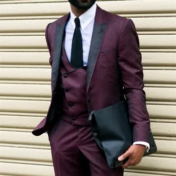 Mais recente Casaco Calça de Projetos de Borgonha Formal de Homens de Terno Casual Smoking 3 Peças de Casamento de mens Fatos Blazer De 2017(Casaco+Calça+Colete+Gravata)