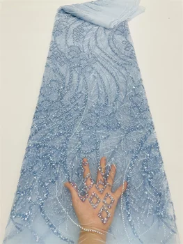 mais recente frisada Lace Fabric 2023 CÉU AZUL de Alta Qualidade colorido Africano Lantejoulas rendas de Luxo de Costura de Tecido para o vestido das mulheres