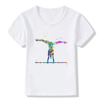 Meninas novas Aquarela Ginástica Arte de T-shirt Impresso Amante de Dom Casual Camiseta Branca Personalizada, Camisetas Roupas para Crianças no Atacado