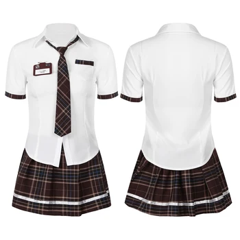 Mulheres Aluna Traje Cosplay Uniforme Vire para Baixo de Gola de Camisa de Manga Curta+Manta Saia Plissada+Gravata Nome+Emblema 4Pcs Roupa