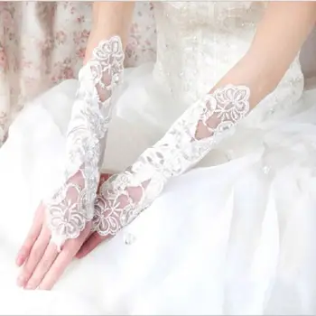 Novo Estilo Fresco Olhando Luvas De Noiva Branco Sem Dedos Laço De Paetê De Noiva De Cetim Vestido De Fantasia