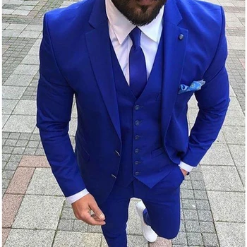 O Azul Royal Do Casamento De Mens Fatos Personalizado Slim Fit Noivo Smoking Xale De Lapela 3 Peças Jaqueta Calças Masculinas De Paletó (Casaco+Calça+Colete+Gravata)
