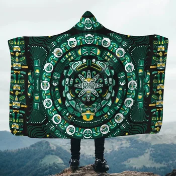 O Calendário Maia 3D Nativo Todo Impresso com Capuz Cobertor filho Adulto Sherpa de Lã Wearable Cobertor, roupa de Cama de Microfibra