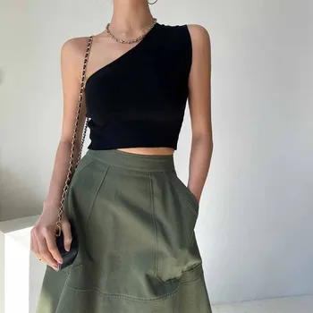 O coreano Chique de Verão de francês Retro Design Slim Fit Irregular Oblíqua Ombro de Malha Superior do Tanque de Curto Top T-shirts Mulheres Y2k Tops