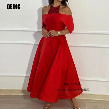 OEING Novo 2023 Vermelho Sequines Curto Uma Linha de Vestidos de Baile Vestido de Comprimento Chá árabe Mulheres de Vestidos de Noite de Noite, Vestido de Festa Formal