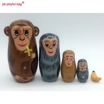PB Brincalhão saco de Cinco camadas, macaco comendo banana bonecas russas, artesanato feito a mão em madeira de brinquedo conjunto presente de aniversário HG14