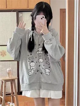 QWEEK Japonês Y2K Zip Hoodie Mulheres Harajuku Kawaii Anime de Impressão Cinza Casaco Oversized coreano Feminino Bonito Moletons com Capuz