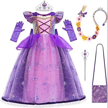 Rapunzel Roxo Roupas de Cosplay Festa de Crianças de Lantejoulas Elegante Laço de Retalhos Vestidos de Princesa para as Meninas gosta Traje 3-10 Y