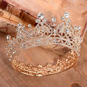 Rodada Tiaras Coroa De Ouro Do Cabelo Do Casamento Acessórios De Strass De Coração A Rainha Hairband De Cabelo De Noiva Jóias Da Princesa Diadema Para As Mulheres