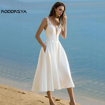 RODDRSYA Sexy Decote em V Vestido de Casamento do Laço de alcinhas Praia Festa de casamento de 2023 Para Mulheres Elegantes Chá de Comprimento Cetim Vestido de Noiva