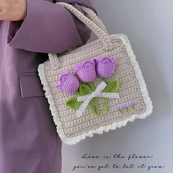 Roxo Tulip Fio de Mão Tecida do Saco DIY Terno Material Crochê Feito de Mulheres Bolsa de Malha Sacos de Crochê Kit Para Iniciantes