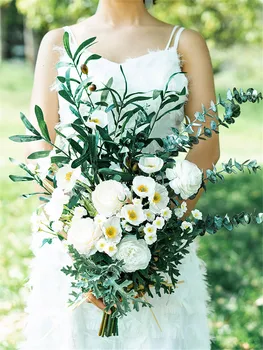 SESTHFAR Branca Flor, Buquê de Casamento Verde de Eucalipto Nórdicos Estilo Moderno 2019 Peônia Rosa Artificial Buquê de Noiva