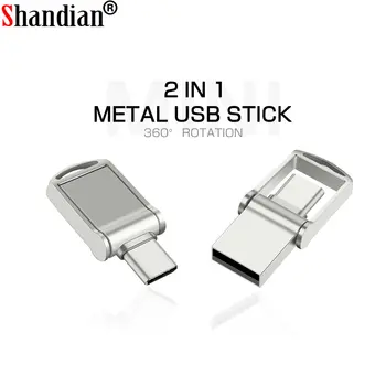 SHANDIAN TIPO-C USB 2.0 64GB de Rotação de Metal do Disco de U 32GB Impermeável Movimentação do Flash de 16GB, Pen drive 8GB de Memória Stick LOGOTIPO Grátis Pendrive