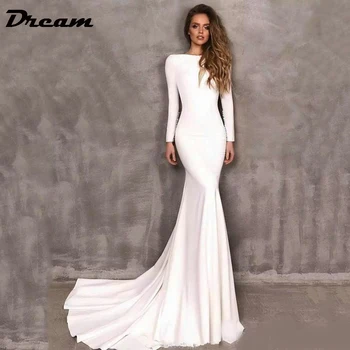 SONHO Branco de Crepe Sereia Vestidos de Noiva de Volta Aberto Mangas compridas Elegante sem encosto Simples Vestido de Noiva 2023 Vestido De Noiva