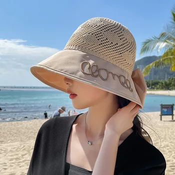 Sparsil Malha Ocos de Verão Chapéus Para as Mulheres, Bordado Bowknot Panamá Balde de Chapéus de Proteção de UV, Respirável Praia Viseira