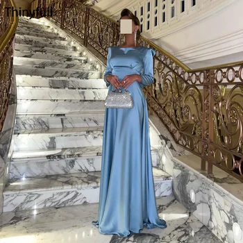 Thinyfull Arábia Saudita Azul De Uma Linha De Vestido De Festa Noite Mancha De Manga Longa Do Vestido Do Baile De Finalistas Dubai Ocasião Formal Vestido Vestido De Jantar