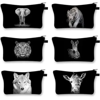Tiger/Leão/Elefante Impresso Cosméticos Saco Preto Branco Animais Lobo/Rhino/Zebra Senhora Cosmético Caso De Viagens Necessaire Bolsa De Armazenamento